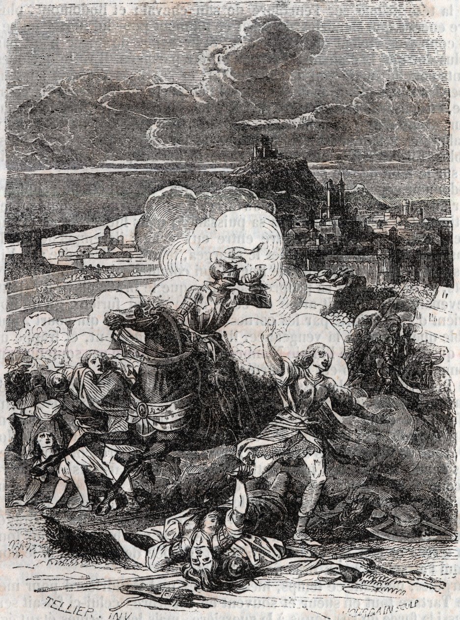 Astolphe menekülésre készteti a gyilkos nőket – 1851-es metszet Ludovico Ariosto „Dühös Roland” (Orlando furioso) (16. század) alkotásáról, Ariosta néven ismert – Tressan gróf olasz nyelvről fordított kiadása, Gustave Harvard kiadása 1851 alkotó: Unknown artist