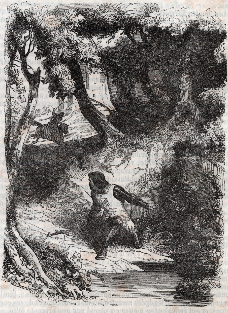 Asztolfa egy szökőkút szélén – 1851-es metszet Ludovico Ariostotól: „Dühös Roland” (Orlando furioso) (16. század), Ariosta néven ismert – Tressan gróf olasz nyelvről fordított kiadása, Gustave Harvard 1851. alkotó: Unknown artist