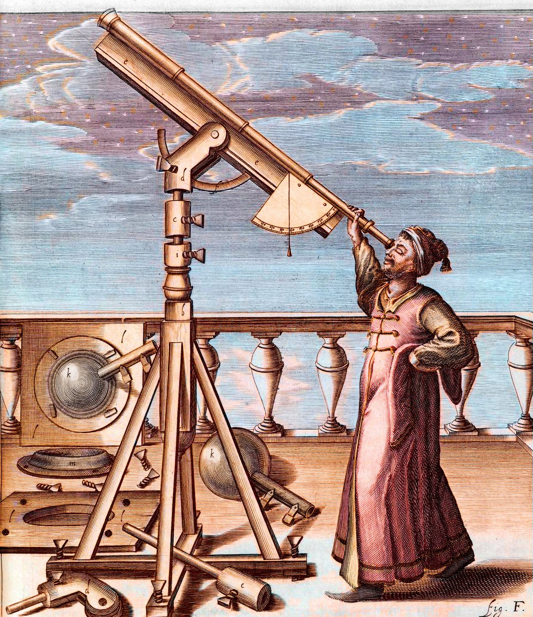 Csillagász, aki távcsővel figyeli az eget - innen: Johannes Hevelius (1611-1687), Selenographia, sive Lunae descriptio (Szelenográfia, avagy A Hold leírása) alkotó: Unknown artist
