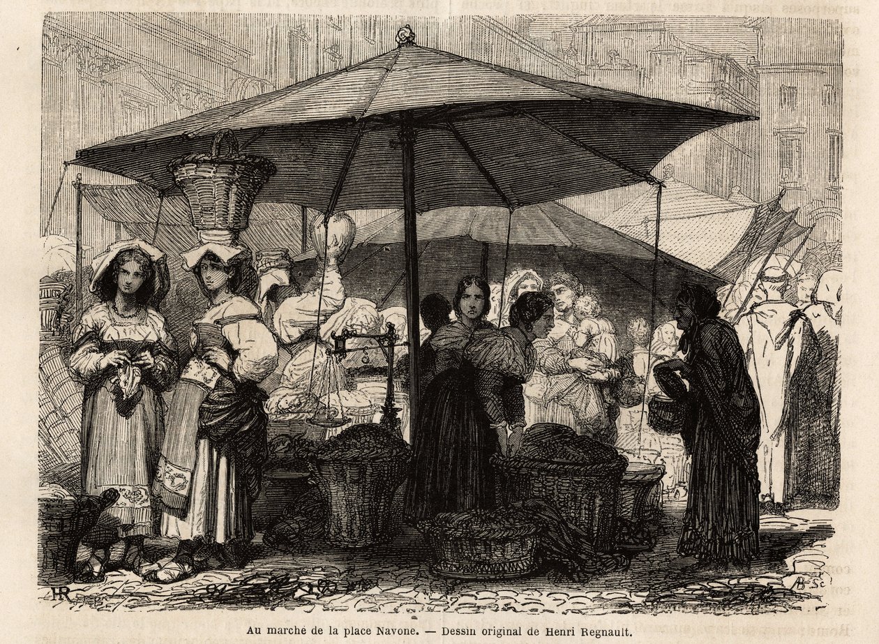 A Piazza Navona lábánál, Rómában (Olaszország). Francis Wey 1864-1868-as római utazását illusztráló metszet, amelyet a „Le tour du monde, nouveau Journal des voyages” jelent meg Edouard Charton irányítása alatt. alkotó: Unknown artist