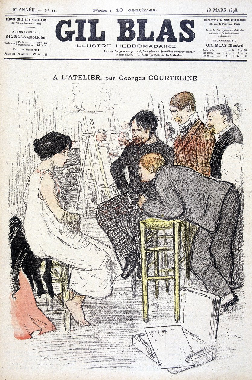 Georges Courteline műhelyében. Férfi néz egy nőt pózol egy műhelyben. In „” Gil Blas””, 1898.03.18. alkotó: Unknown artist