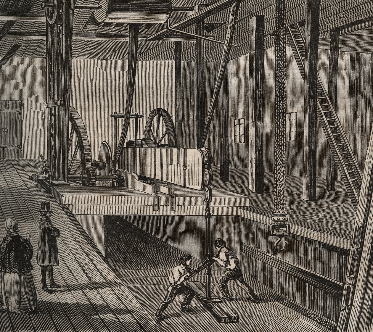Atelier de drilling du artesian de Passy. Metszet 1856-ból a „Le Musee Des Sciences”-ben alkotó: Unknown artist