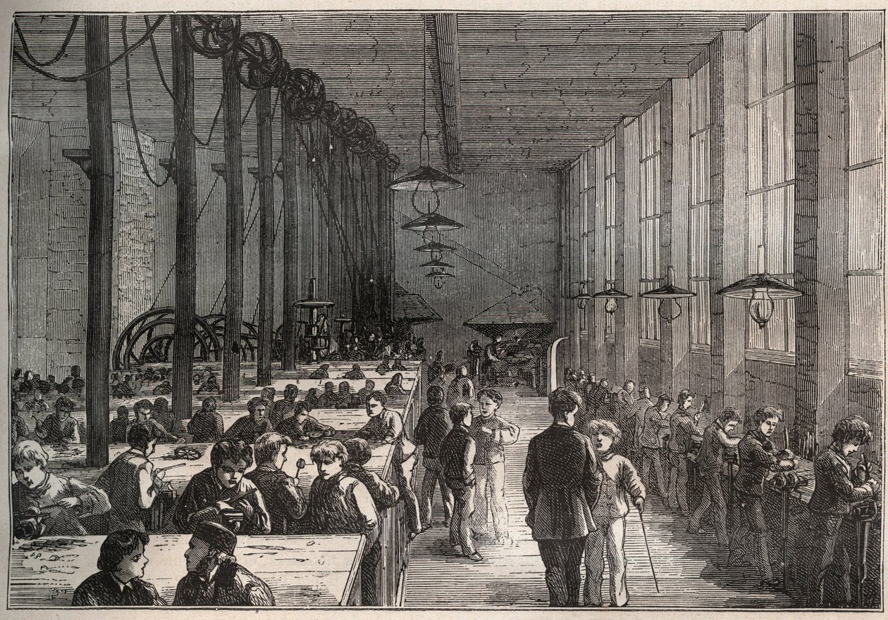Vasműhely - Városi Tanulóképző Iskola a Boulevard de la Villette-en Párizsban 1875-ben - metszet alkotó: Unknown artist
