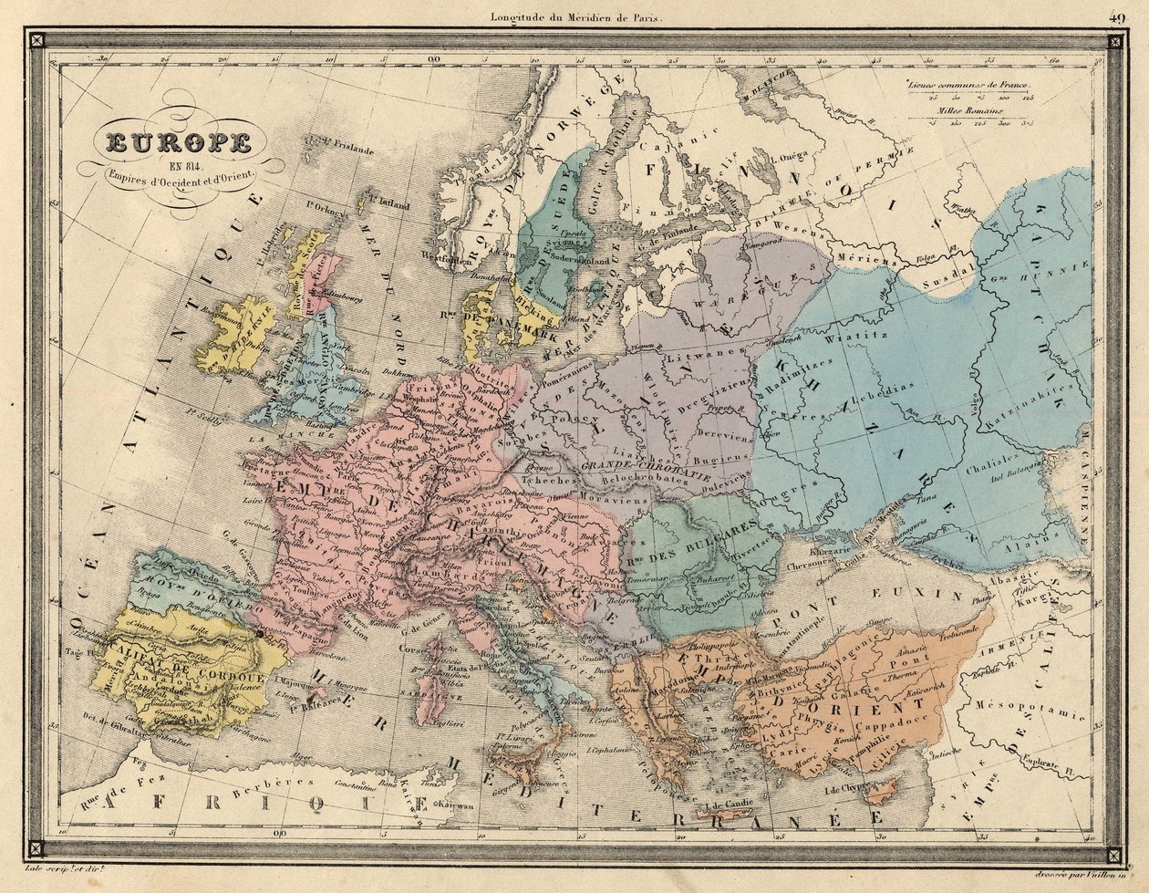 Európa atlasza 814-ben: Nyugat és Kelet birodalmai. A terv az ókori és modern földrajz egyetemes atlaszából származik, Vuillemintől. SD. 1851 körül. alkotó: Unknown artist