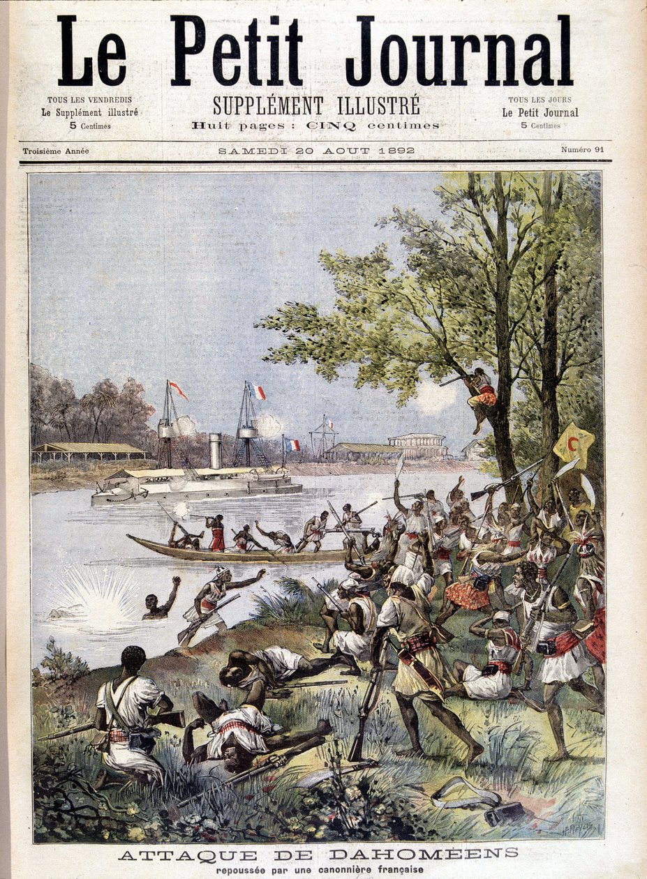 Dahoméaiak támadása, amelyet egy francia ágyús csónak vertek vissza – a „Le Petité Journal” 1892.08.20-i számában alkotó: Unknown artist