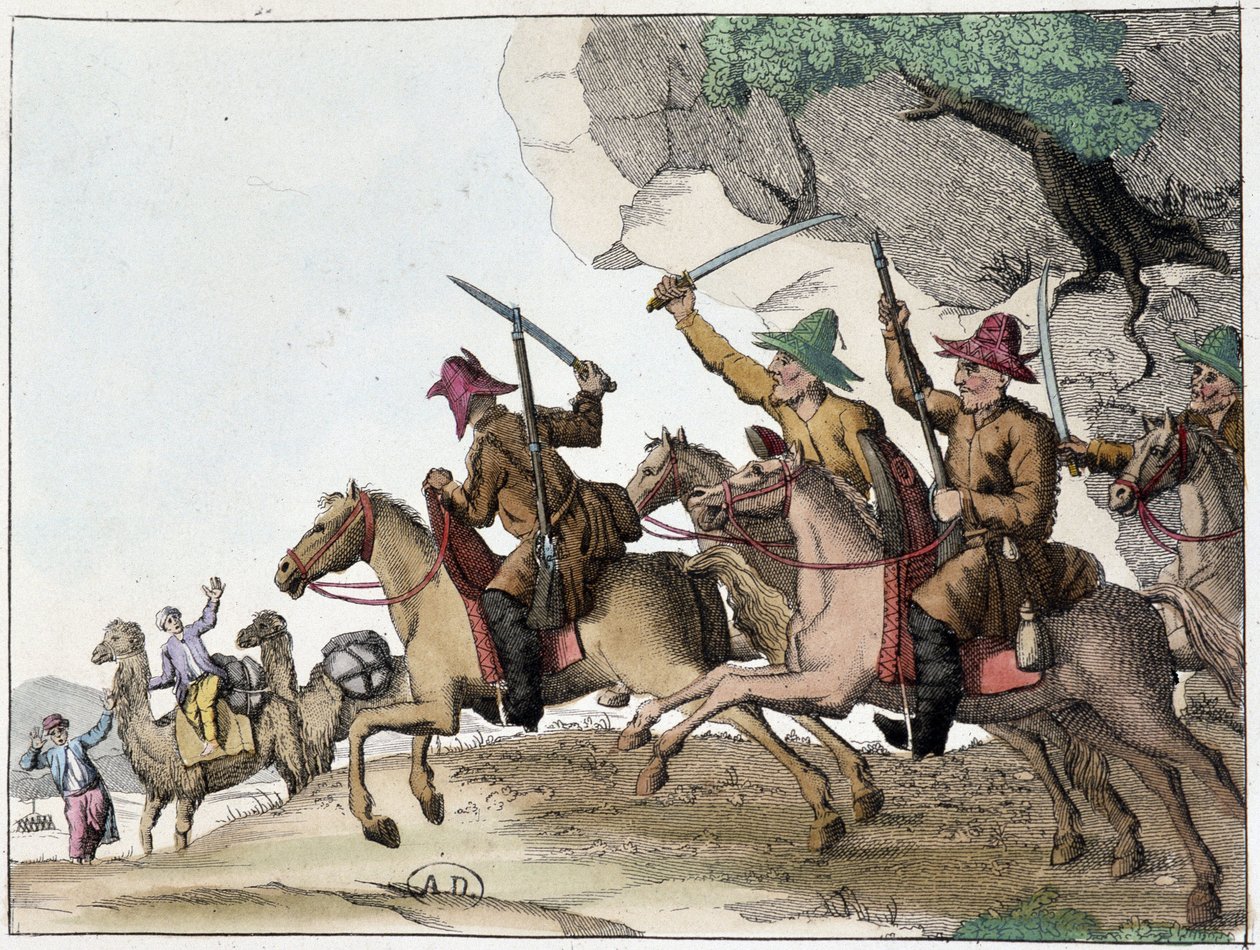 Kirgizek (mongol származású közép-ázsiai törökök) egy csoportja megtámadta a tevekaravánt lóháton, Deb. 19. század alkotó: Unknown artist