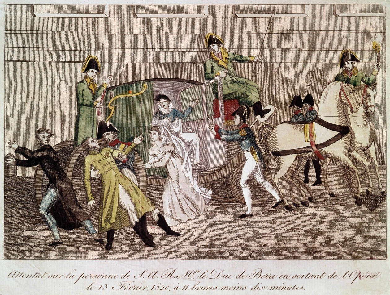 Louis Pierre Louvel támadása Berry hercege ellen, amikor 1820. február 13-án elhagyta az Operát. Metszet 19. század. alkotó: Unknown artist