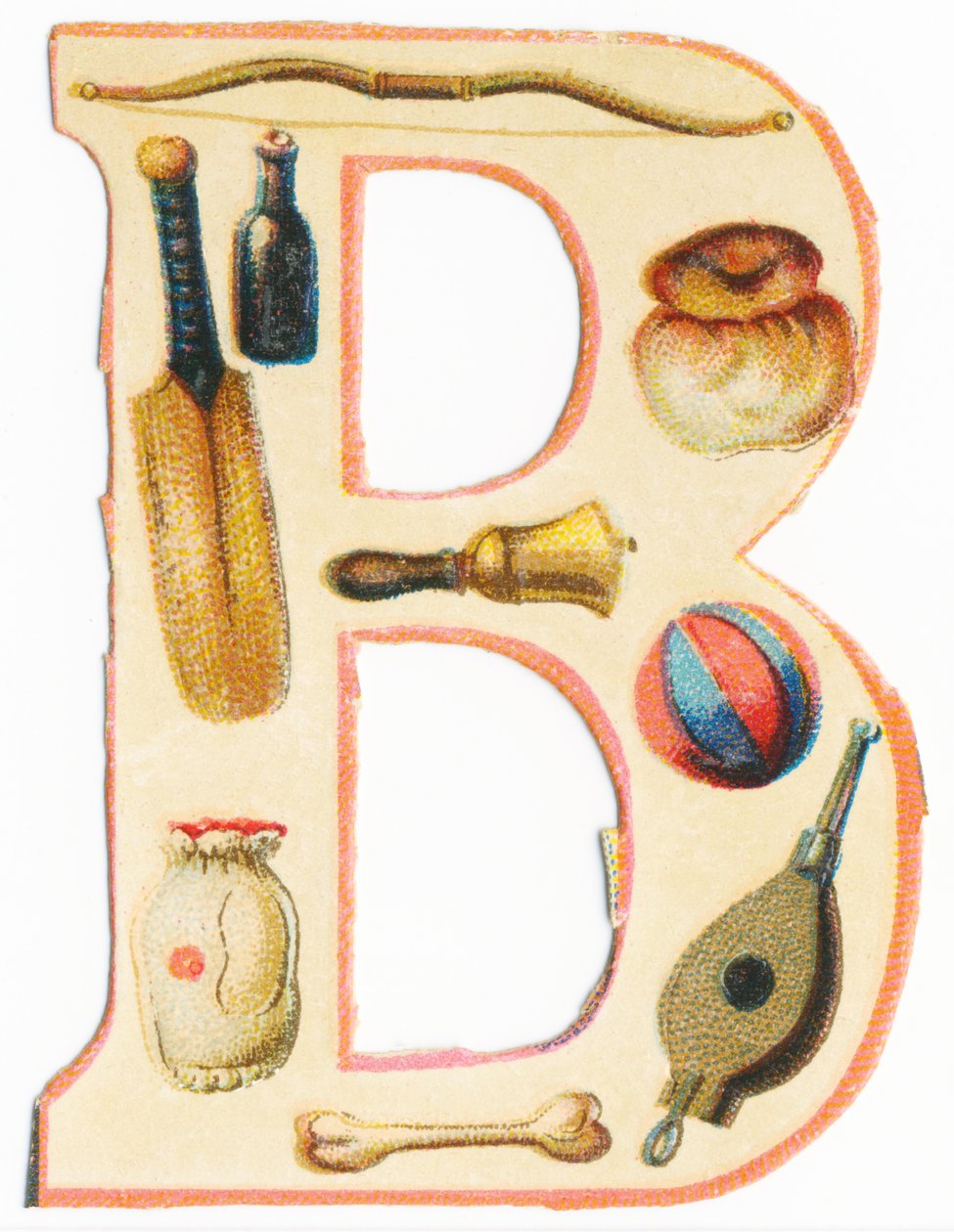 B: íj, baseball ütő, palack, briós, harang, léggömb, csont, zsák, fújtató (színes litográfia) alkotó: Unknown artist