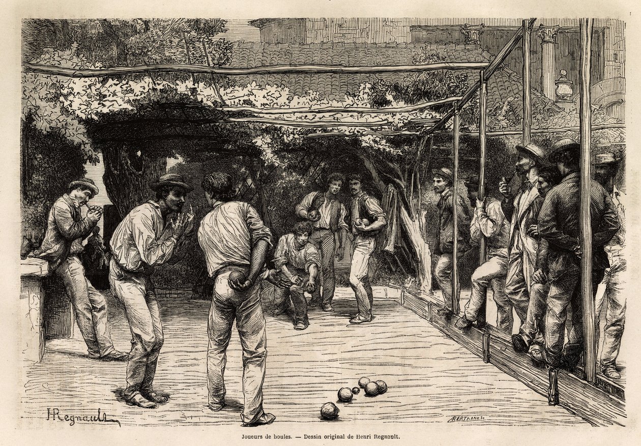 Labdázók Rómában (Olaszország). Francis Wey 1864-1868-as római utazását illusztráló metszet, amelyet a „Le tour du monde, nouveau Journal des voyages” jelent meg Edouard Charton irányítása alatt. alkotó: Unknown artist
