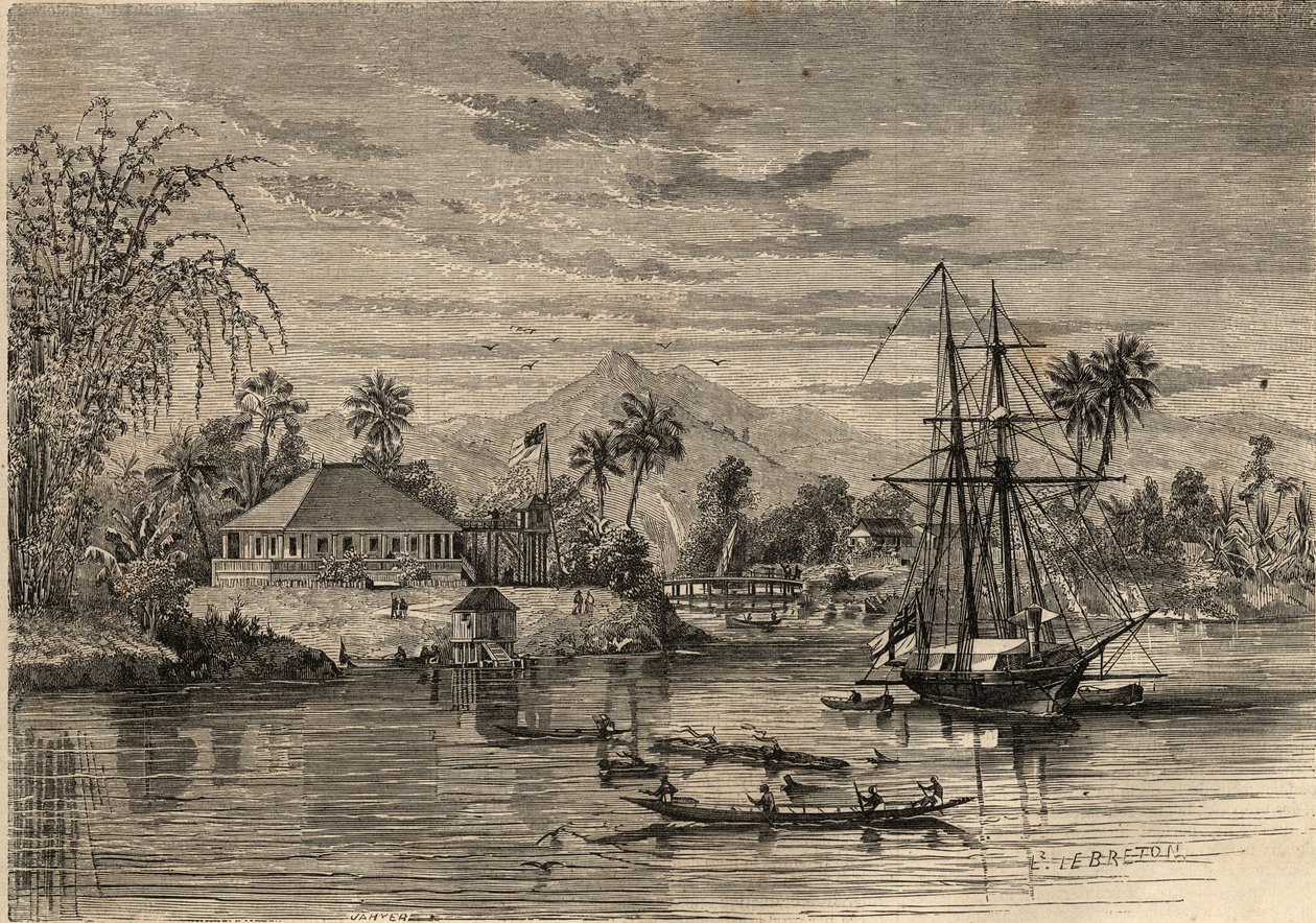 Bangalow, Sir James Brooke, a Sarawak Rajah (1803-1868) brit kalandor otthona, Sarawak első fehér radzsája Sarawak (Borneo) környékén. Metszet a „Le Monde illustrious”-ban 1857-ből. Magángyűjtemény. alkotó: Unknown artist