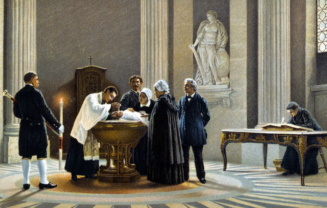 Kisbaba keresztelése a templomban. 19. századi kromolitográfia. alkotó: Unknown artist
