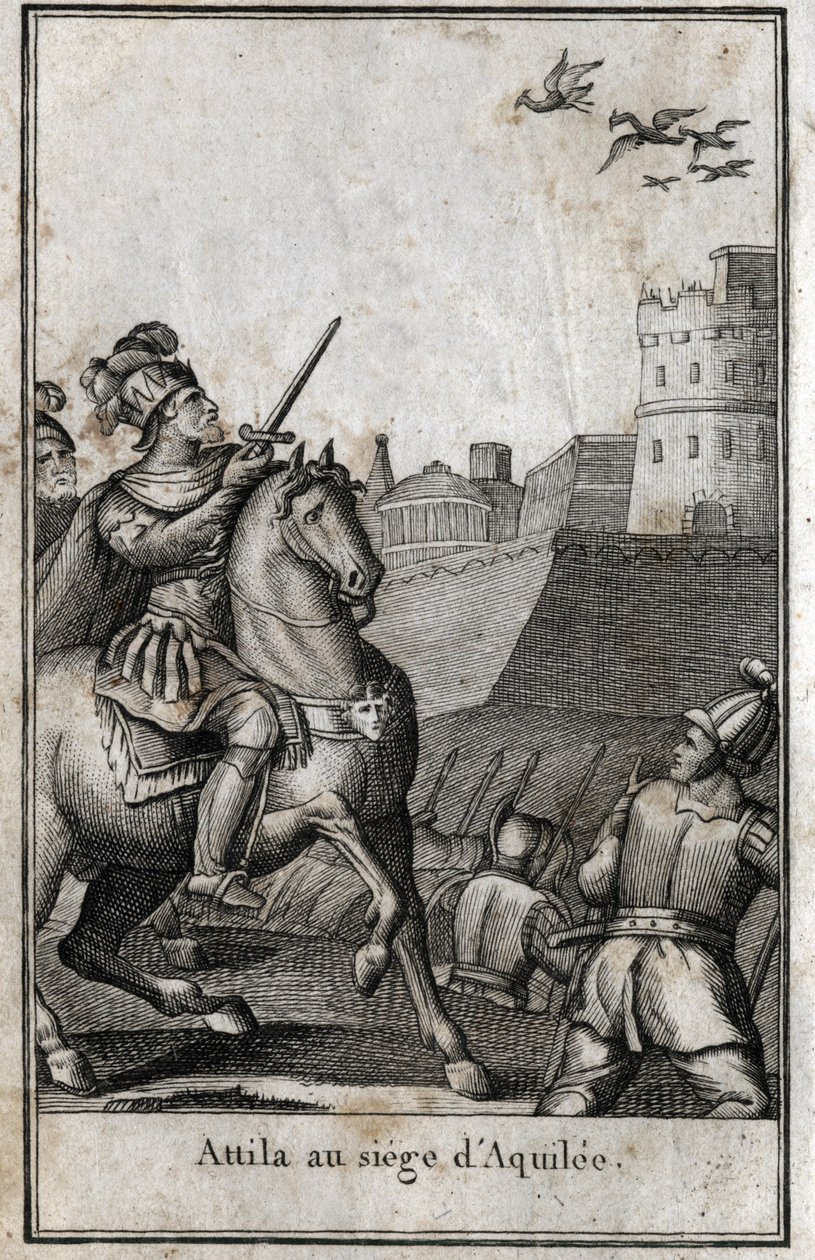 Barbár inváziók - Attila (kb. 406-453), a hunok királya, Aquilee (Aquileia) ostroma alatt Olaszországban, 452. Metszet „Beaute de l