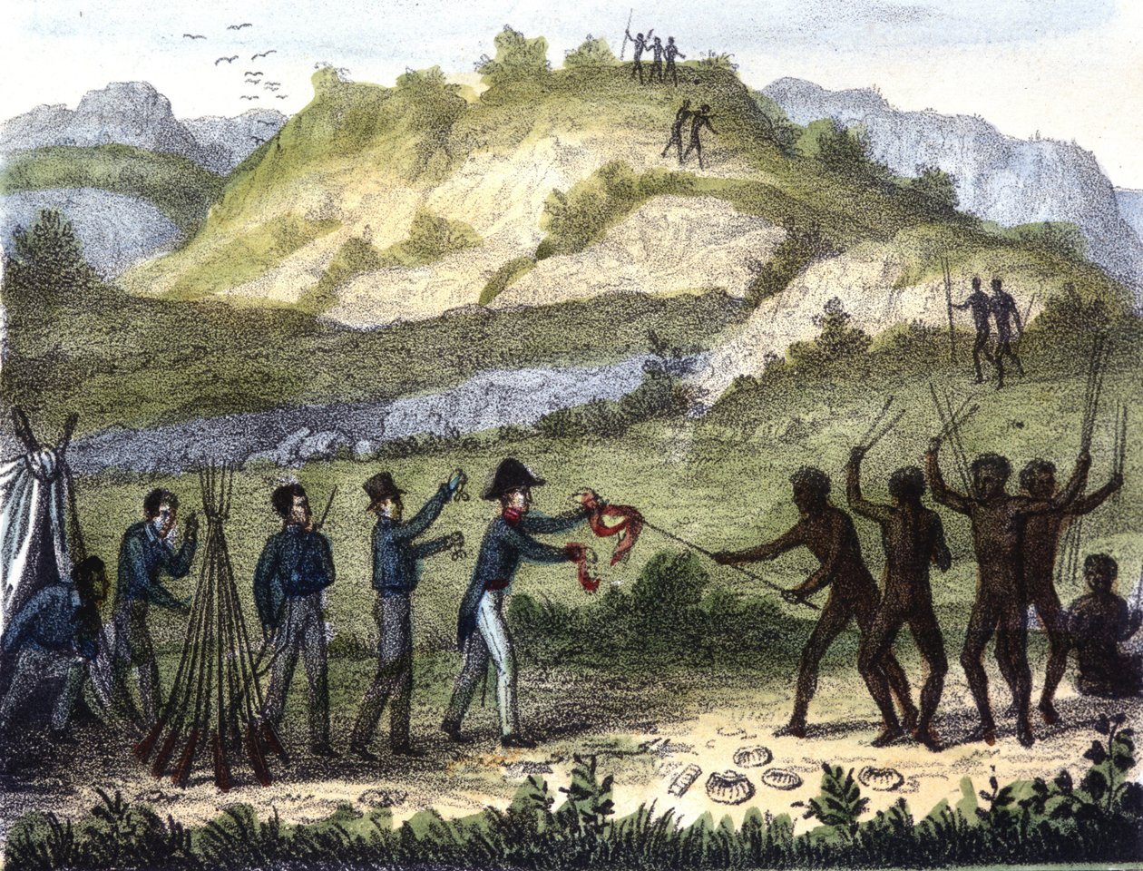 Barter jelenet a bennszülöttek és a nyugatiak között a „Razze e popoli della Terra” után, 19. század eleje. alkotó: Unknown artist