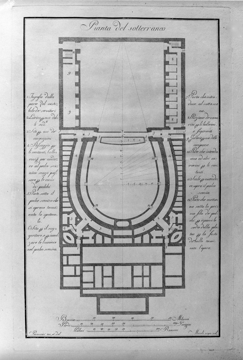 A milánói Theatre de la Scala pinceterve kb. 1776-1778 Olaszország (Teatro alla scala) (A milánói Scala színház földalatti építészeti térképe) Metszet alkotó: Unknown artist