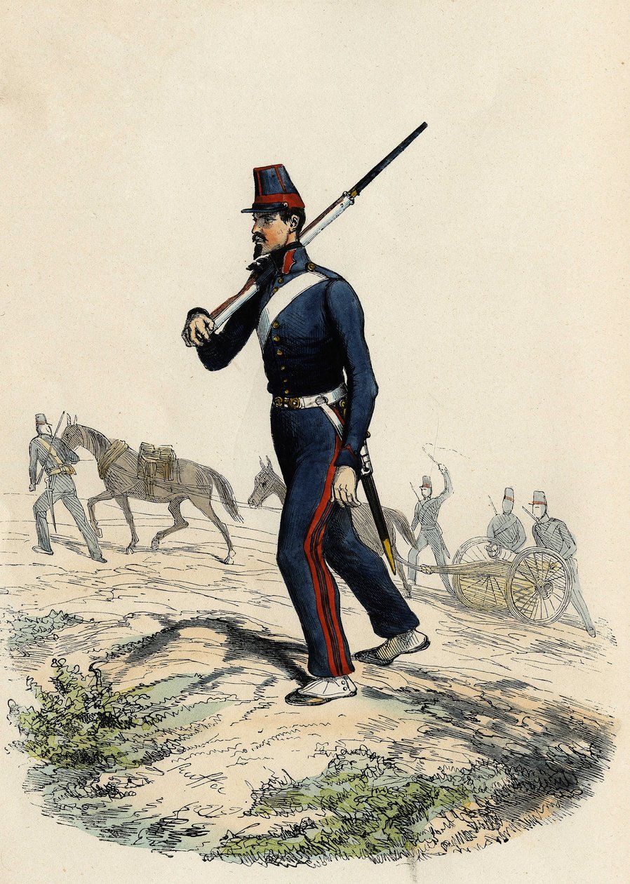 A francia hadsereg hegyi tüzér zászlóalja Algériában 1830-ban, Leon Galibert „Ősi és modern Algériában” alkotó: Unknown artist