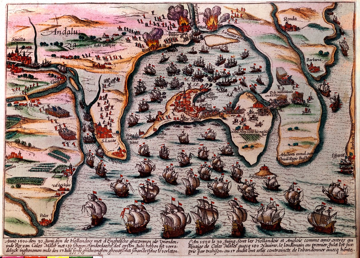 Cales Males (Spanyolország) csataterve 1596. június 30-án. A holland és az angol hadsereg flottája barátként vonul be Cales Malesbe 180 hajóval. Másnap, július 1-jén áruláson meglepve szégyenkezve el kellett hagyniuk a várost. Metszés alkotó: Unknown artist