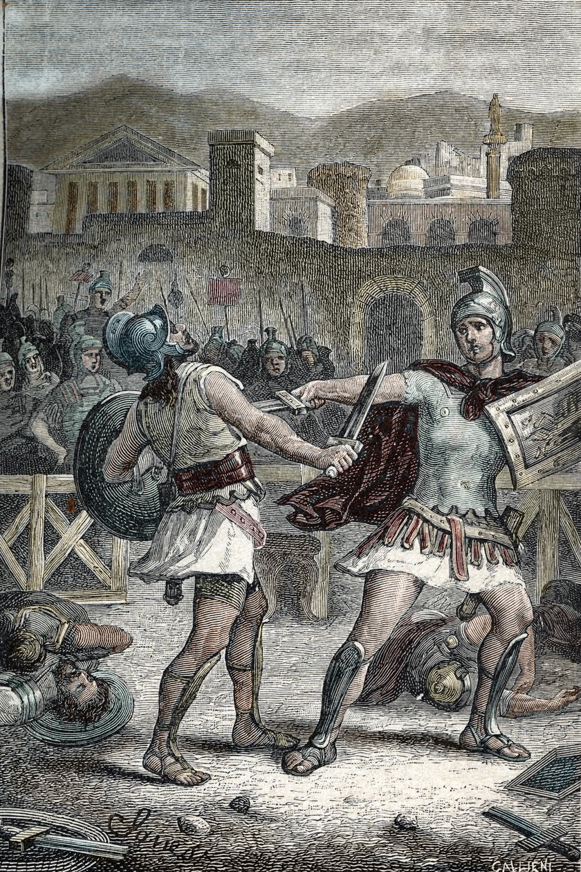 Csata Horatii és Curiatii között. Metszés alkotó: Unknown artist