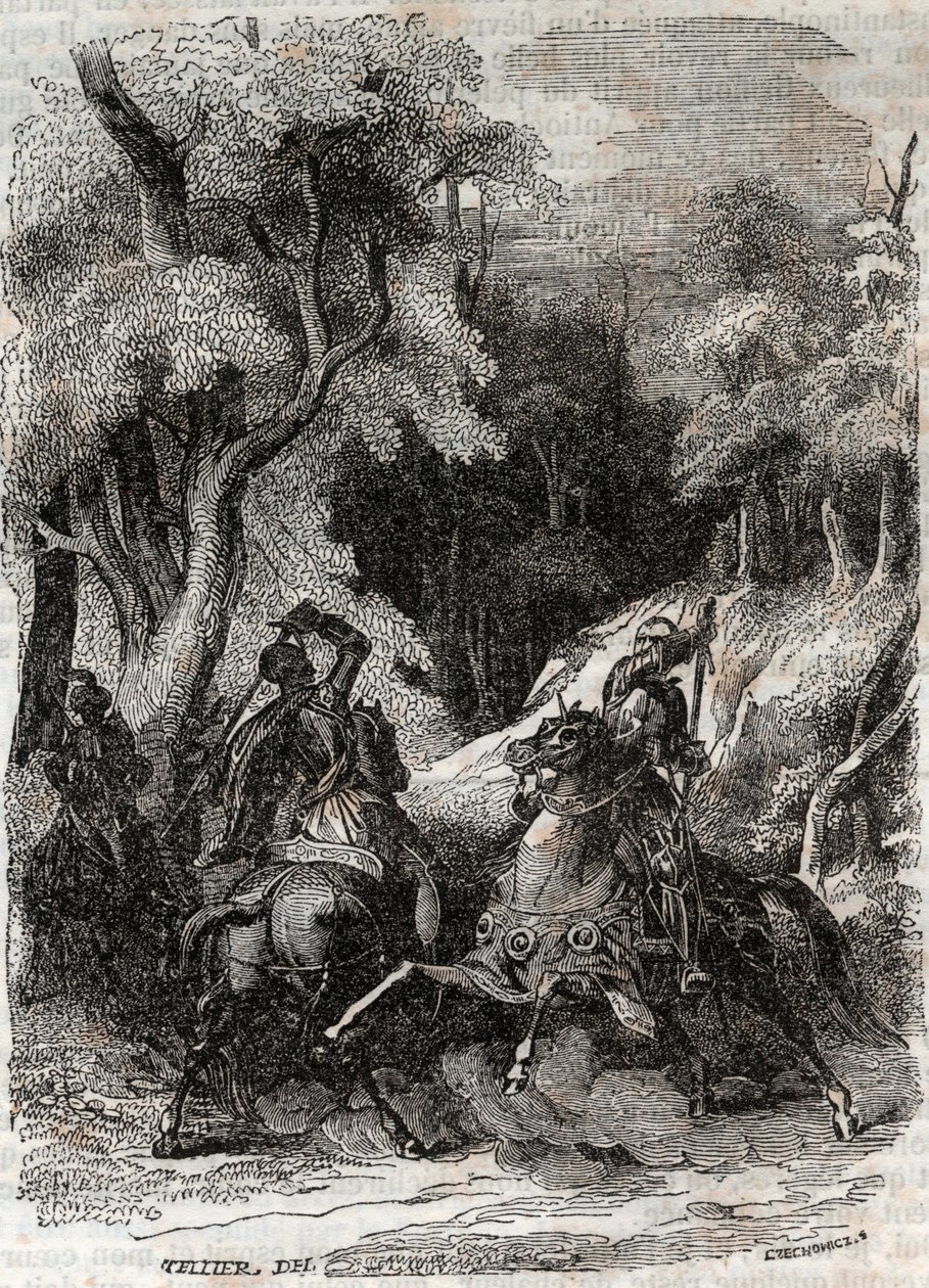 Roland és Ferragus közötti csata – 1851-es metszet Ludovico Ariosto „Dühös Roland” (Orlando furioso) című könyvéből (16. század), Ariosta néven ismert – Tressan gróf olasz nyelvről fordított kiadása, Gustave Harvard 1851. alkotó: Unknown artist