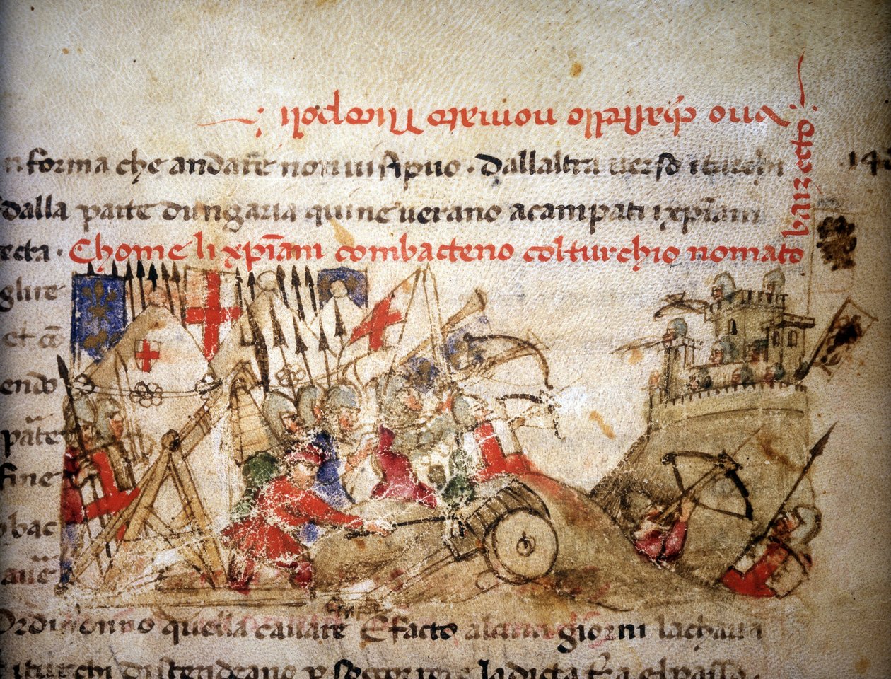 Nikopoliszi csata: a keresztények veresége I. Bajazidtól (Törökország), 1396.09.28-án „Croniche del Sercambi”-ban, 1400 körül. Nemzeti Levéltár, Lucca. alkotó: Unknown artist