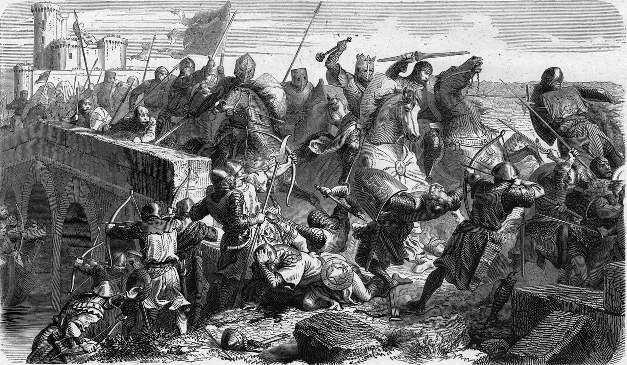 Az 1242-es taillebourgi ütközet, IX. Lajos francia király (Szent Lajos, Saint Louis) és testvére, Poitiers Alphonse gróf capetiai csapatai vazalluslázadásaik, III. Henrik angol és X. Hugues Lusignan ellen. alkotó: Unknown artist