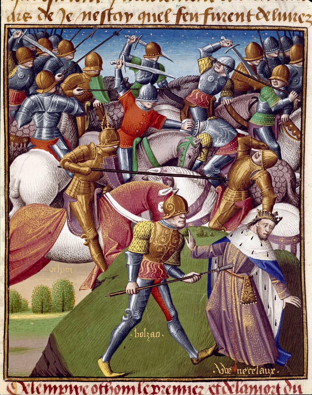 I. Othon császár katonáinak csatája (I. Otton vagy Oton, 912-973). Miniatűr Vincent de Beauvais (1190-1264) „Le miroir historial” (Speculum Historiale) című művében, amelyet Jean de Vignay fordított franciára. alkotó: Unknown artist