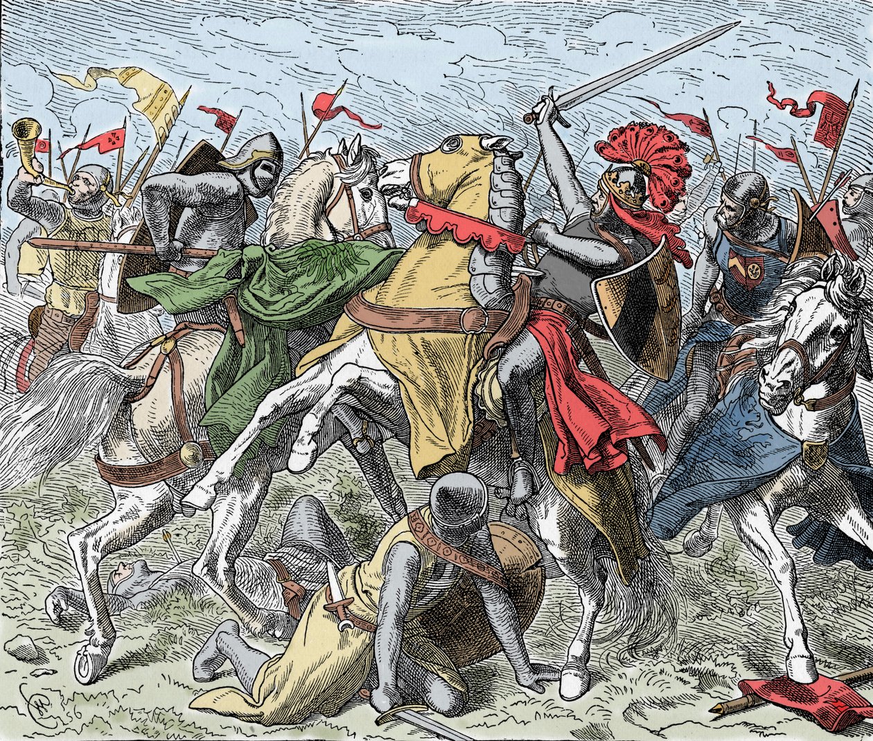 Csata az Elsteren: Sváb Rudolf halálosan megsebesült - A szászok lázadása (1073-1075): Rheinfelden Rodolf (kb. 1025-1080), Sváb hercege és a rómaiak antikja halálosan megsebesül az Elster melletti csatában, IV. Henrik csapatai ellen alkotó: Unknown artist