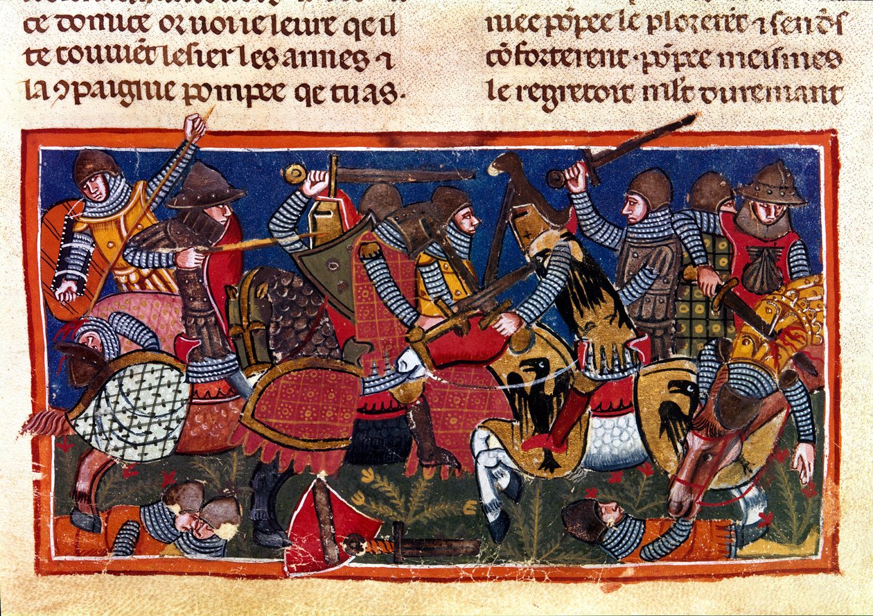 Csatajelenet Miniatűr egy francia kódexből pergamenre „A rómaiak tényei””, amely az ókori történelmet meséli el Jules Cesarig (Kr. e. 101-i. e. 44). 13. századi Velence, biblioteca Marciana alkotó: Unknown artist