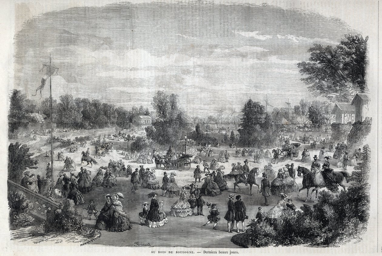 Gyönyörű napok a párizsi Bois de Boulogne-ban. Metszet a „The Illustrious Universe”-be alkotó: Unknown artist