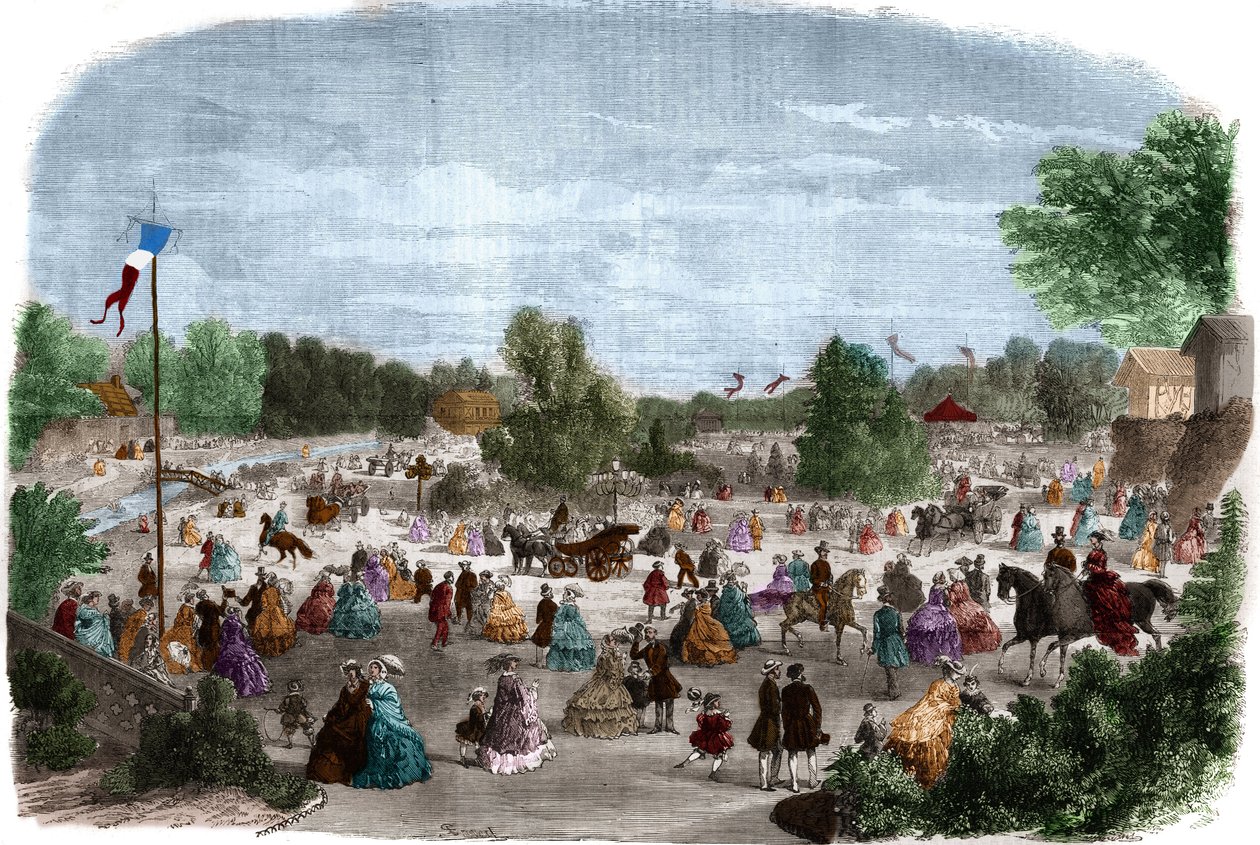 Gyönyörű napok a párizsi Bois de Boulogne-ban. Metszet a „The Illustrious Universe”-be alkotó: Unknown artist