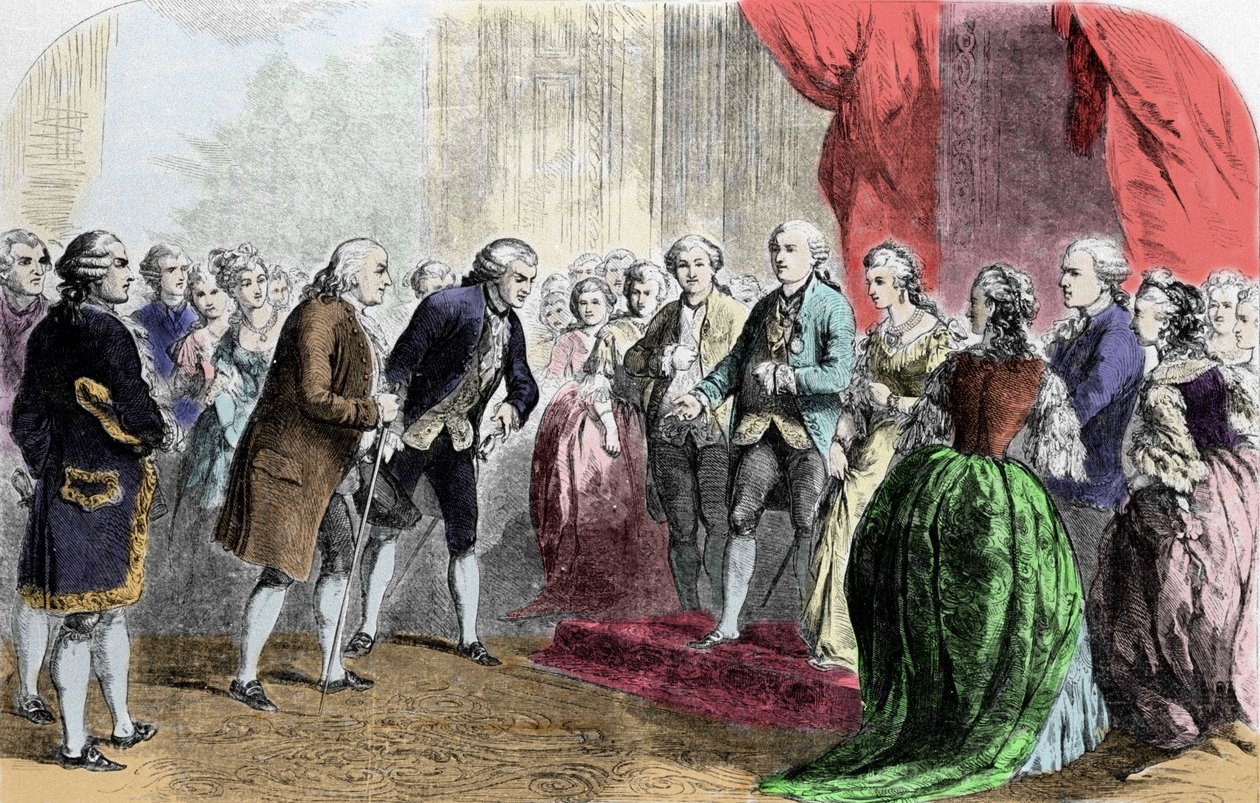 Benjamin Franklin (1706-1790), filozófus, fizikus és amerikai nagykövet fogadta XVI. Lajos francia király február 6-án alkotó: Unknown artist