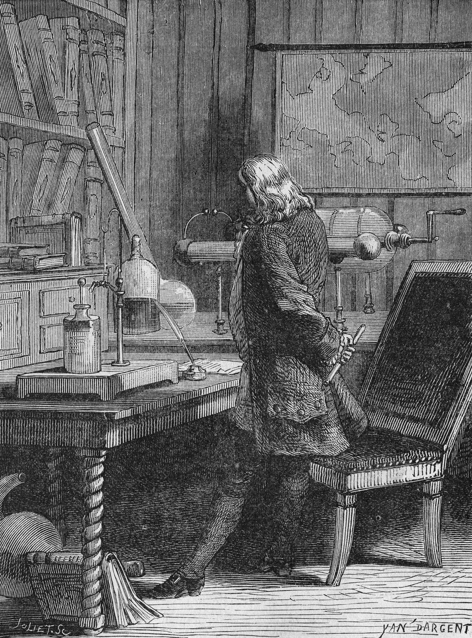 Benjamin Franklin a philadelphiai fizikai laborjában. A „tudomány albumában”, Editions Jouvet alkotó: Unknown artist