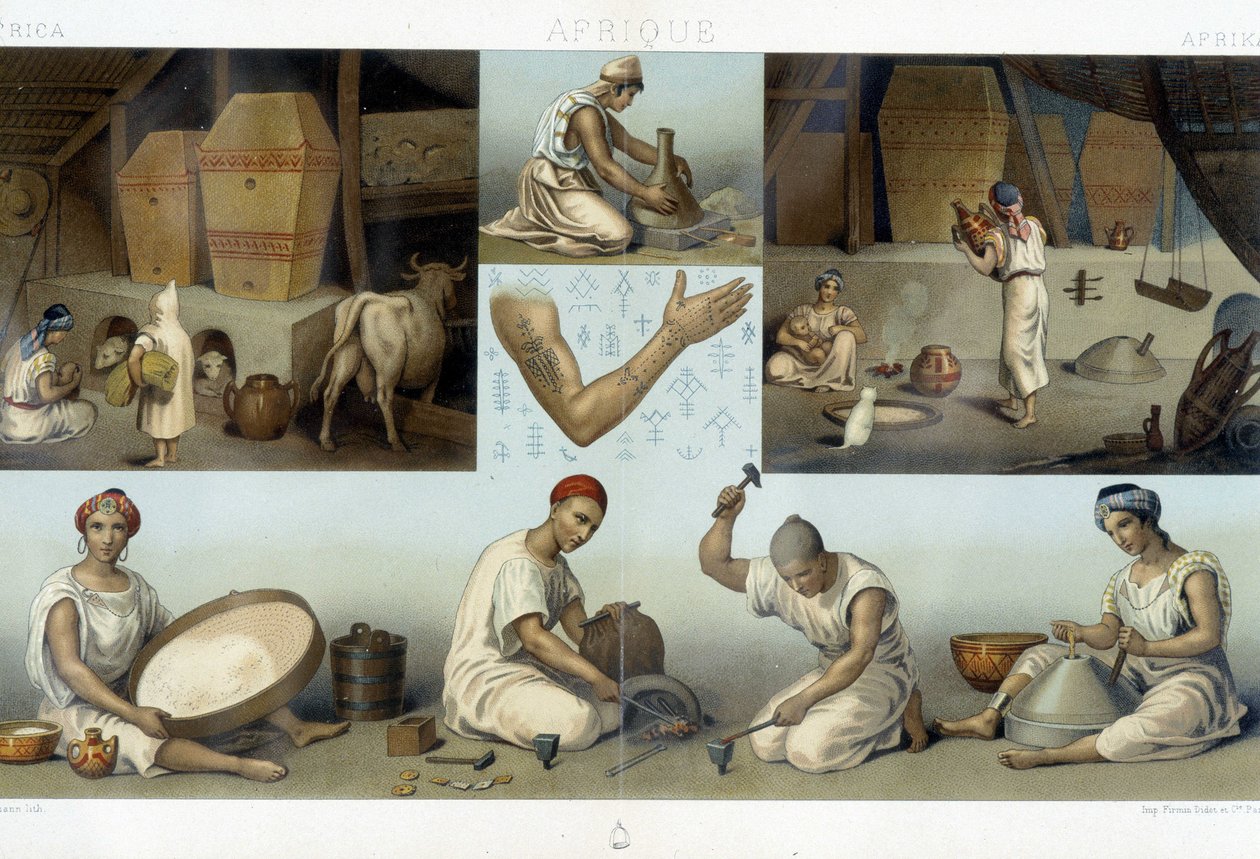 Berbers Kabyles: egy otthon belseje Kabyle - ipar - tetoválások - Racinet „Le costume historique” című filmjében alkotó: Unknown artist