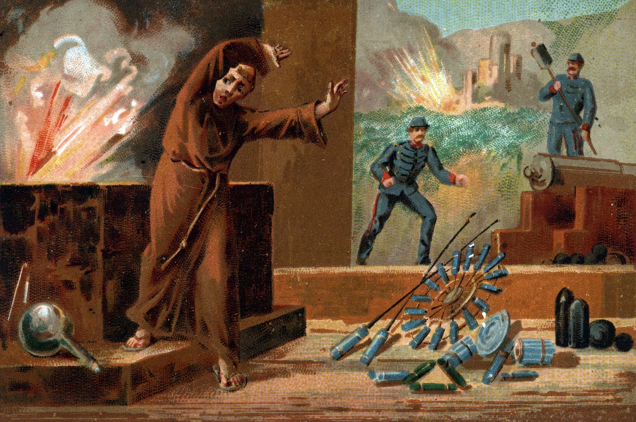 Berthold Schwartz (körülbelül 1318-körülbelül 1384), német kémikus, a puskapor feltalálója és ferences szerzetes. századi kromolitográfiája alkotó: Unknown artist