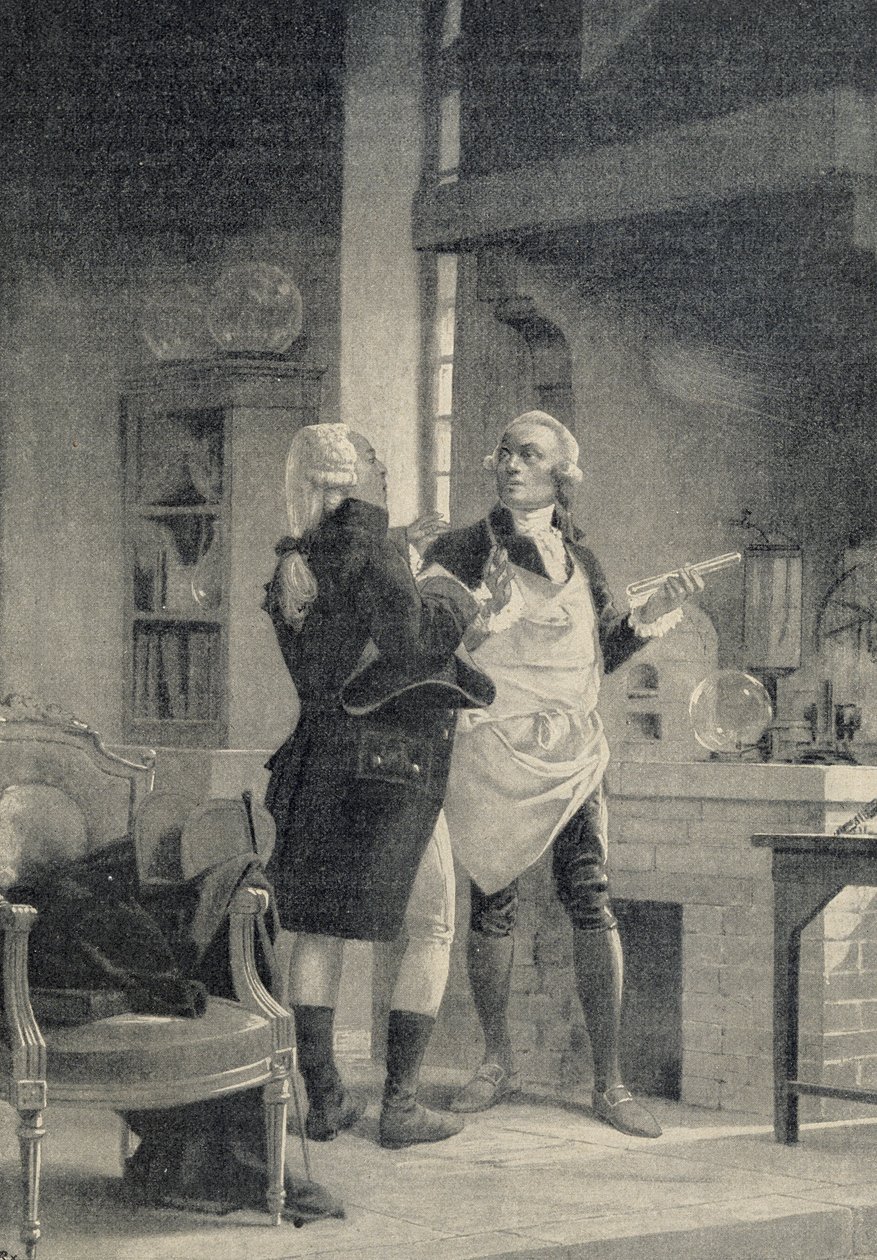 Berthollet meglátogatja Lavoisier-t a Sorbonne-i laboratóriumban – H. Kraemer „Az univerzum és az emberiség” című művében alkotó: Unknown artist