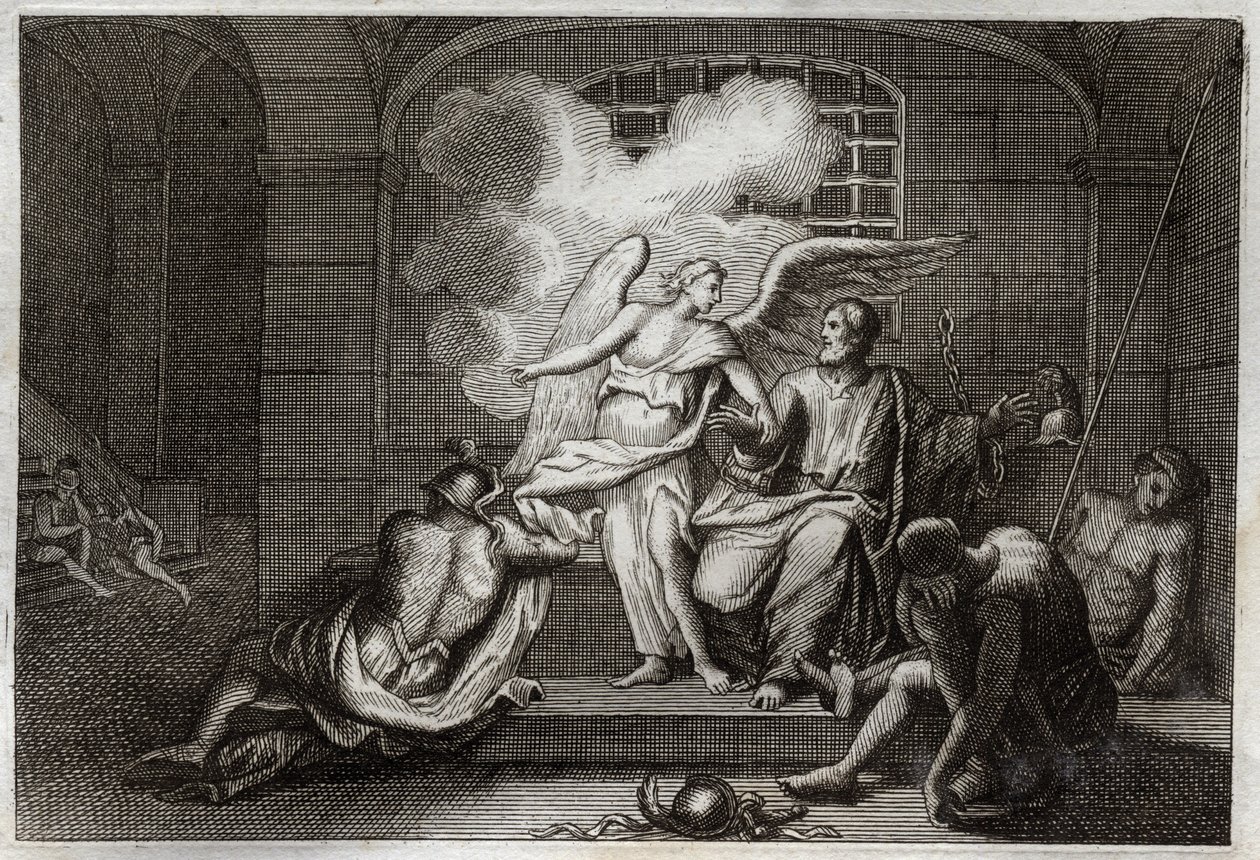 Royaumont Biblia, Újszövetség: Szent Péter Delivre de börtönben. Szent Pétert éjjel szabadítja ki a börtönből egy angyal. Illusztráció 1811-ből. alkotó: Unknown artist