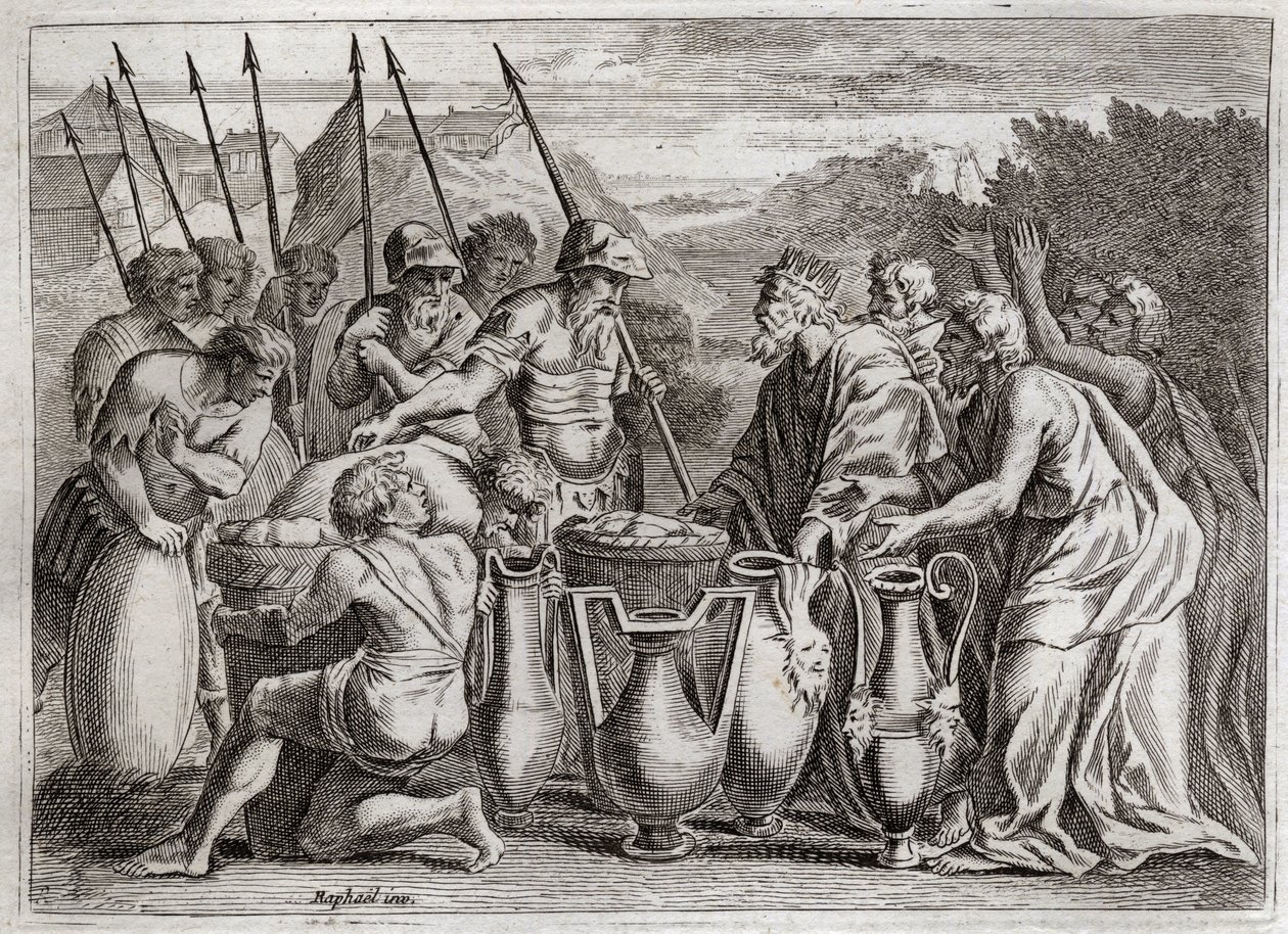 Royaumont Biblia, Ószövetség: Abraham Delivre Loth. Ábrahám megmenti Lothot, az unokaöccsét az ellenségek kezéből. A főpap Melchisedek (Melkizedek vagy Melkizedek vagy Melkisedek vagy Melki-Tsedeq vagy Melki Tsedeq) benit. Szodoma királya felajánlotta neki alkotó: Unknown artist