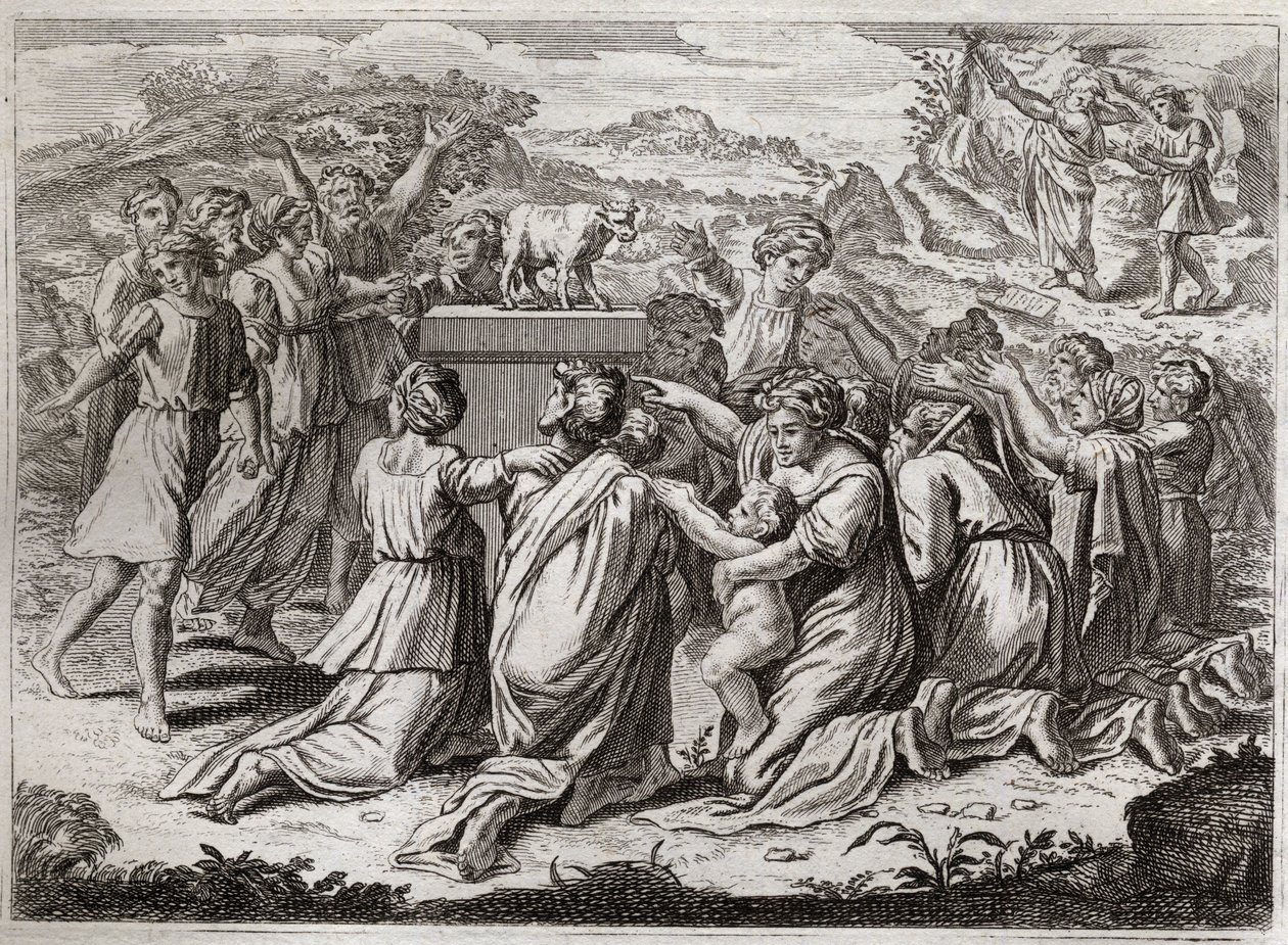 Royaumont Biblia, Ószövetség: Az Aranyborjú imádása. Mózes a hébereket és az aranyborjút látva megszegi a törvénytáblázatokat. Illusztráció 1811-ből. alkotó: Unknown artist