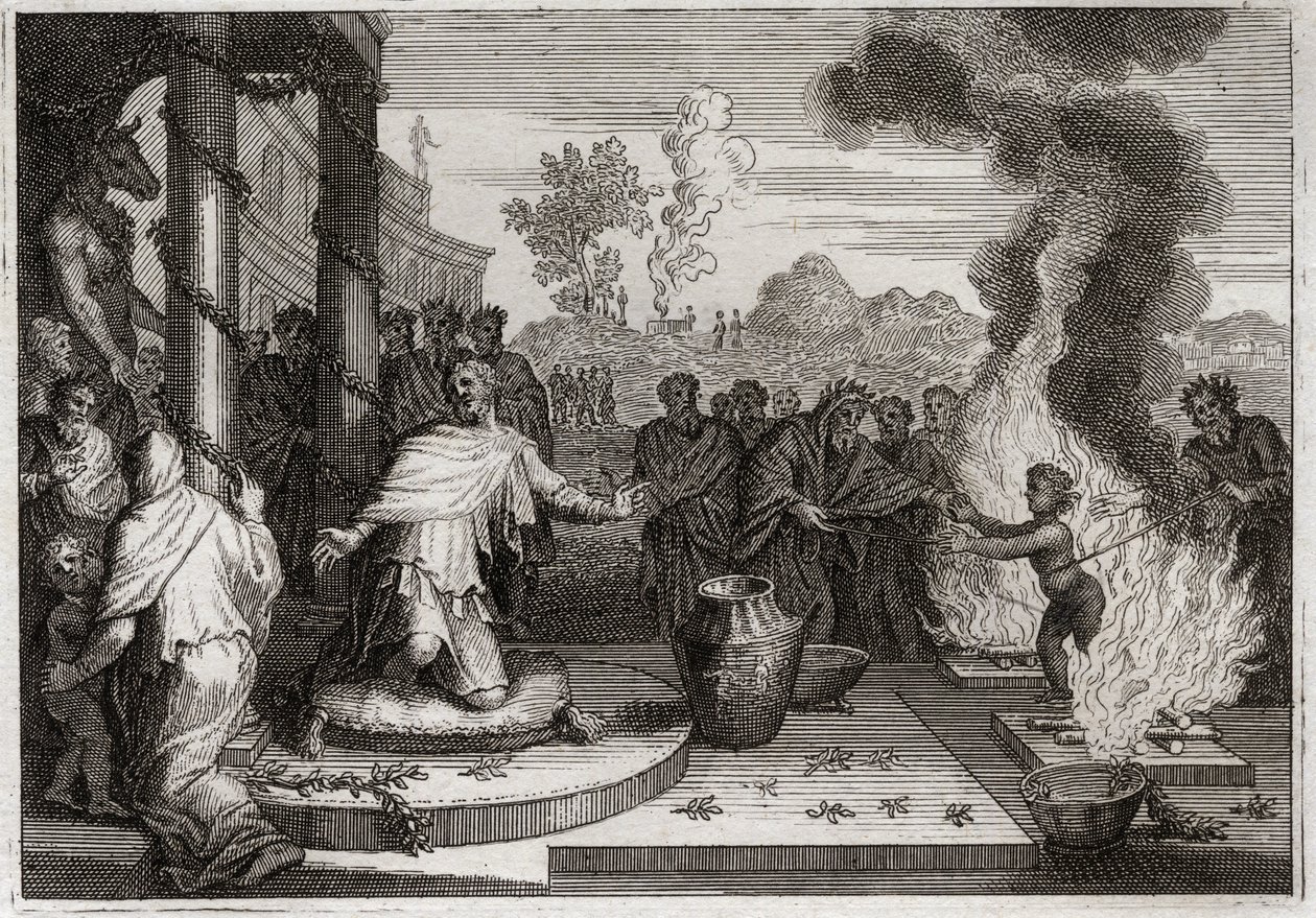 Royaumont Biblia, Ószövetség: Akház szentségtelen király. A gonosz Akház, Júda királya bosszantja Istent, és az ellenség kezébe kerül. Illusztráció 1811-ből. alkotó: Unknown artist