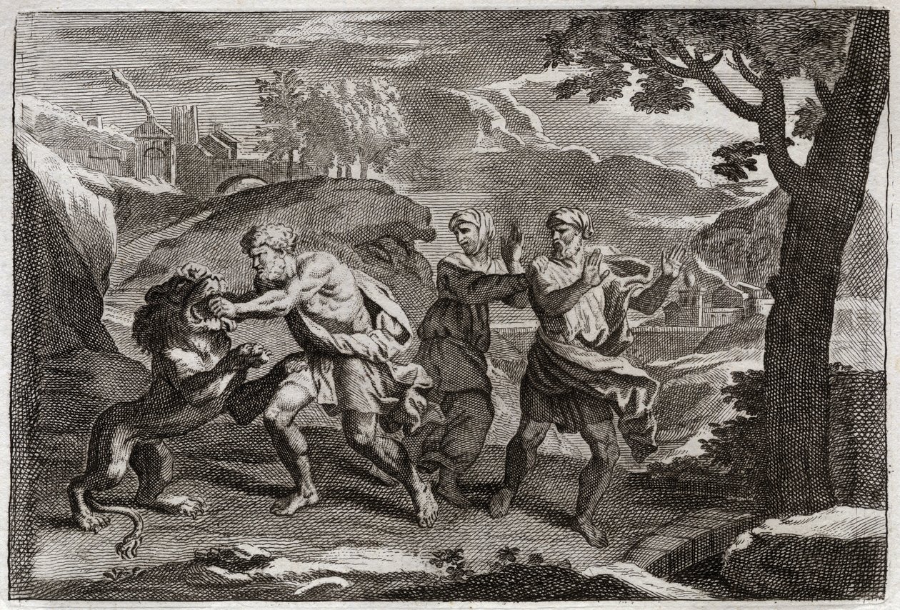 Royaumont Biblia, Ószövetség: Sámson születése. Sámson darabokra tép egy oroszlánt. Illusztráció 1811-ből. alkotó: Unknown artist