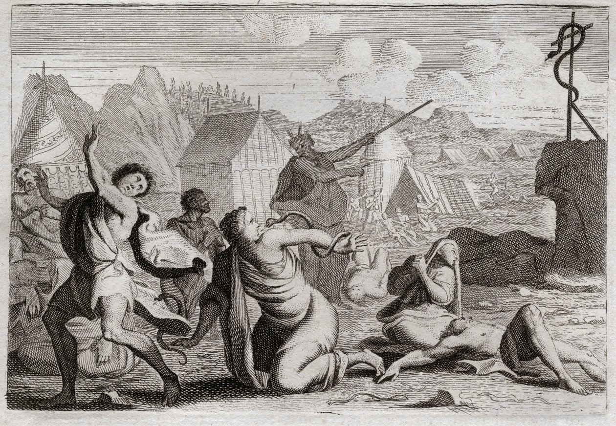 Royaumont Biblia, Ószövetség: Brasen Snake. Az Isten és Mózes ellen zúgolódó népet tűzkígyók büntetik; ahonnan megsebesítették őket egy rézkígyó, amelyet Mózes emelt ki, hogy lássa az egész nép előtt. Ábra alkotó: Unknown artist