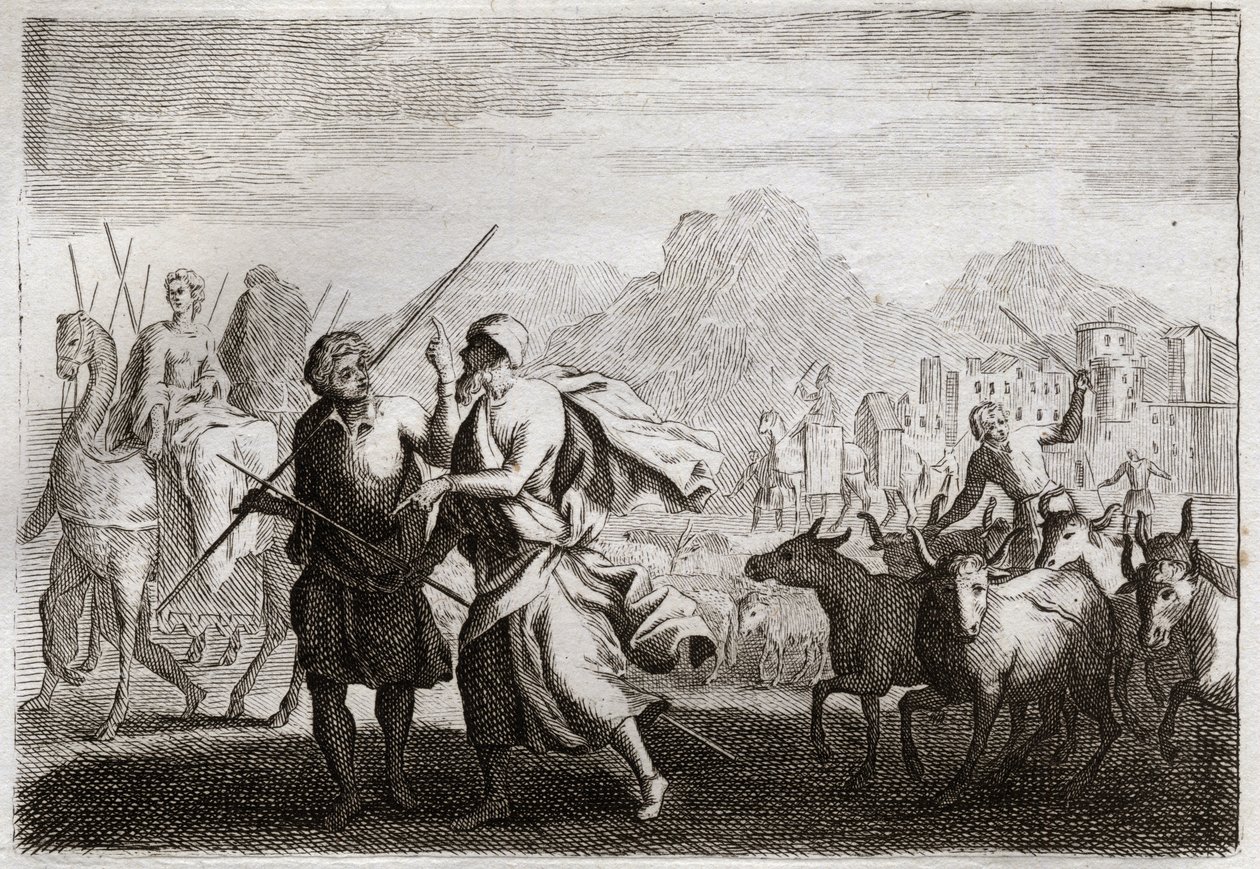 Royaumont Biblia, Ószövetség: Ábrahám elhívása. Isten hívja Ábrahámot, és megparancsolja neki, hogy hagyja el a káldeusok földjét, és jöjjön egy olyan földre, amelyet megígért neki, hogy megadja neki. Illusztráció 1811-ből. alkotó: Unknown artist