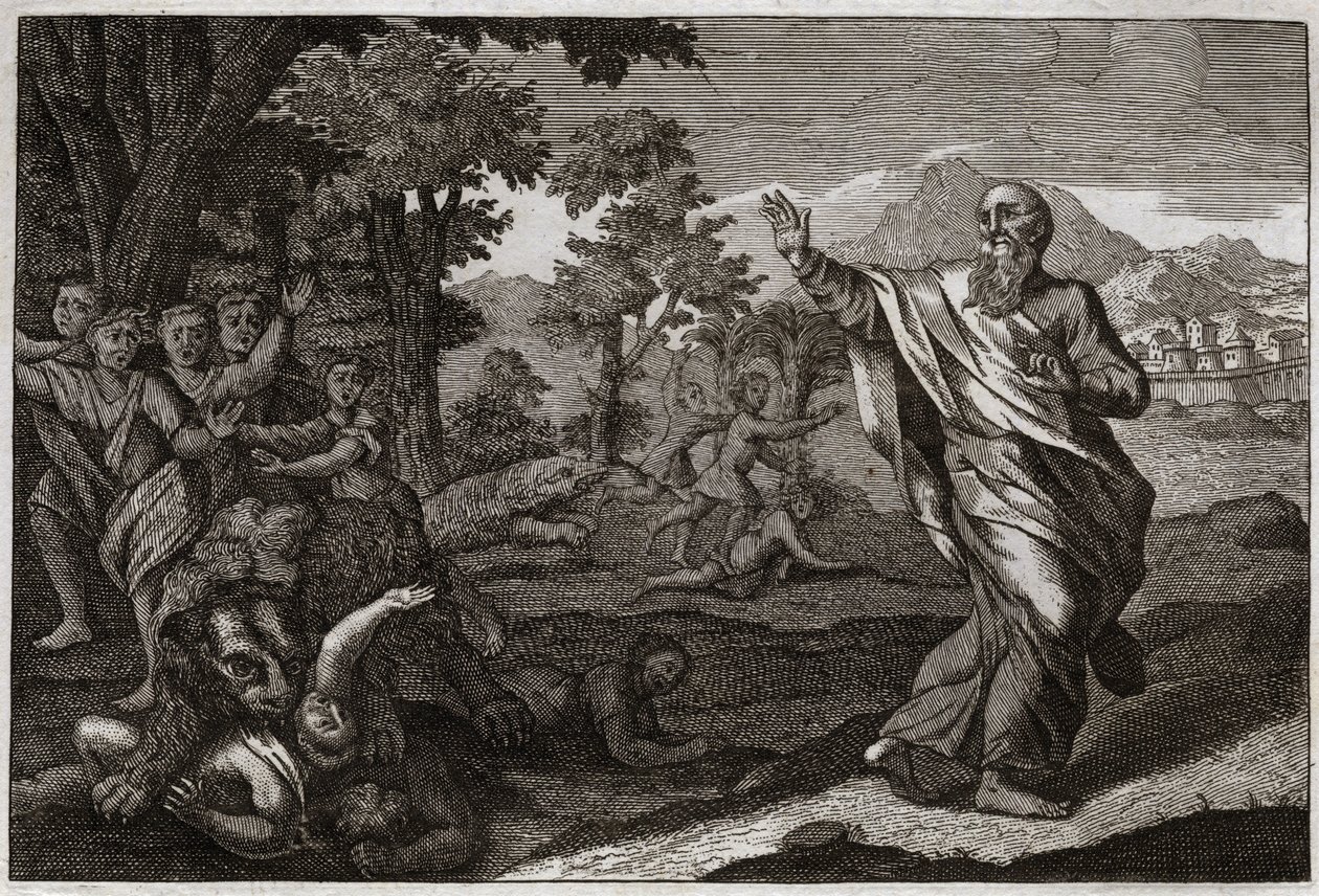 Royaumont Biblia, Ószövetség: A gyerekek felfalják a medvéket. Az Elizeus kopaszságán gúnyoló gyerekeket megtépik a medvék. Illusztráció 1811-ből. alkotó: Unknown artist