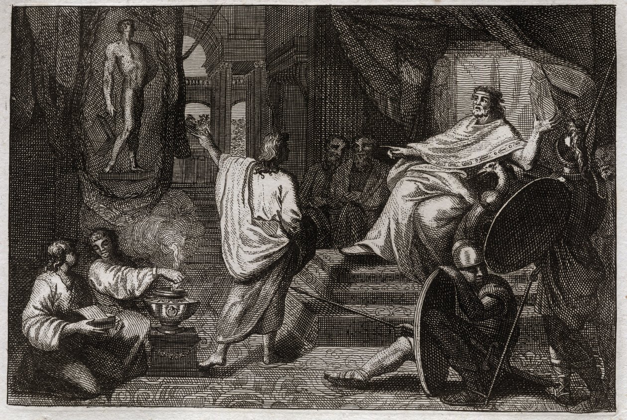 Royaumont Biblia, Ószövetség: Dániel próféta. Dániel próféta feltárja II. Nabukodonozor királynak egy álmát, amit álmodott, és elmagyarázza neki, hogy mire gondolt. Illusztráció 1811-ből. alkotó: Unknown artist