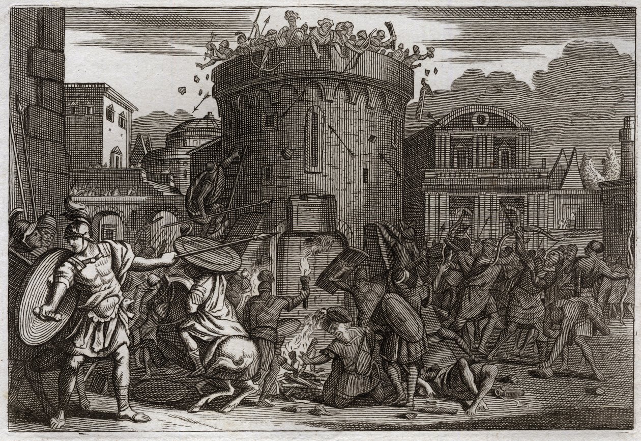 Royaumont Biblia, Ószövetség: Abimelek halála. Abiméleket (Abimelec vagy Ahimelek vagy Ahimelek) megöli egy nő, aki Tebetz ostrománál kővel leüti. Illusztráció 1811-ből. alkotó: Unknown artist
