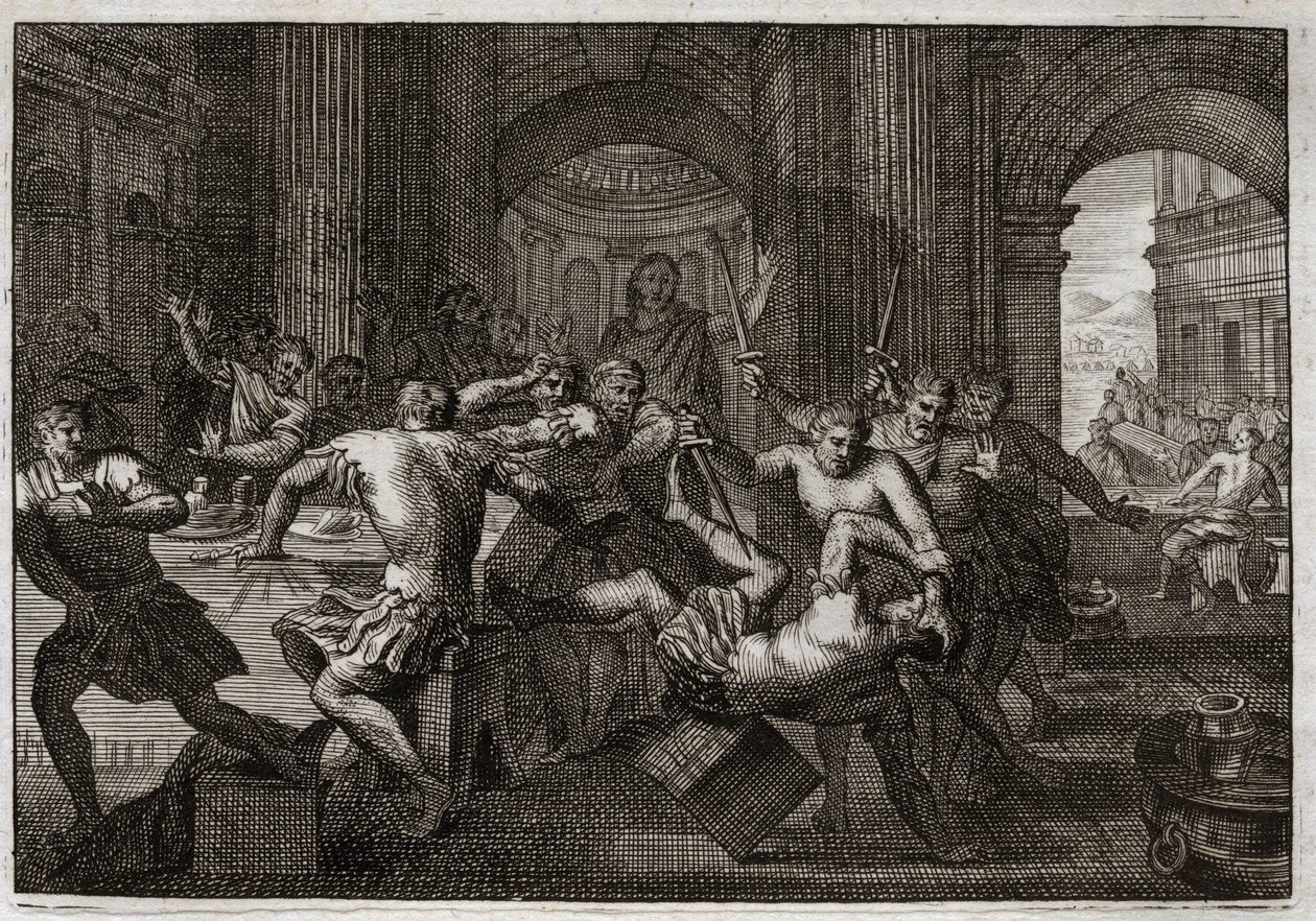 Royaumont Biblia, Ószövetség: Amnon halála. Absolon (vagy Avshalom, Absalon) kibékül Dáviddal, és testvérét, Amnont (Ammon) lakomára menekül. Dávid kénytelen menekülni Jeruzsálemből, és csodálatos türelemmel szenvedi el ezt az üldözést. Il alkotó: Unknown artist