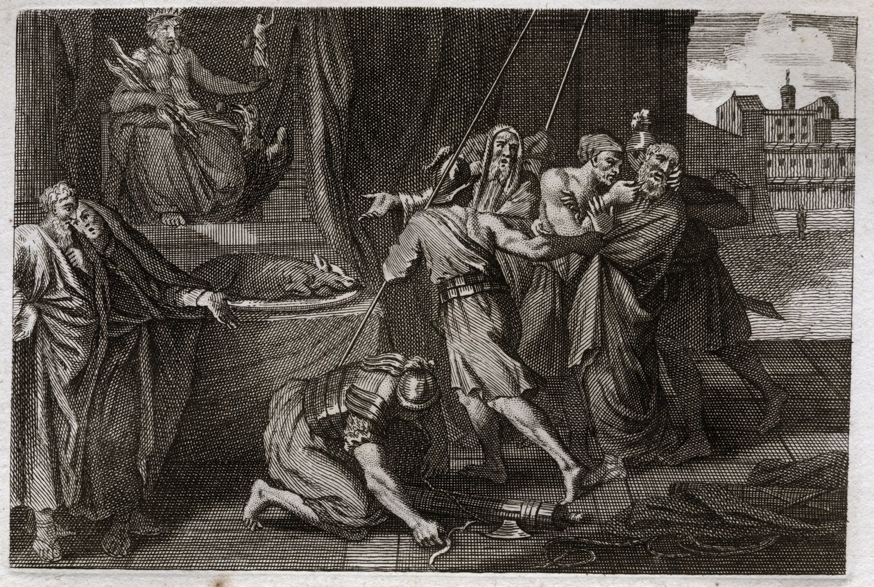 Royaumont Biblia, Ószövetség: Eleázár halála. Az öreg szent Eleázárt Antiochos IV Epiphane (Kr. e. 175-164) parancsára megölték, mert nem akart úgy tenni, mintha védett húst eszik. Illusztráció 1811-ből. alkotó: Unknown artist