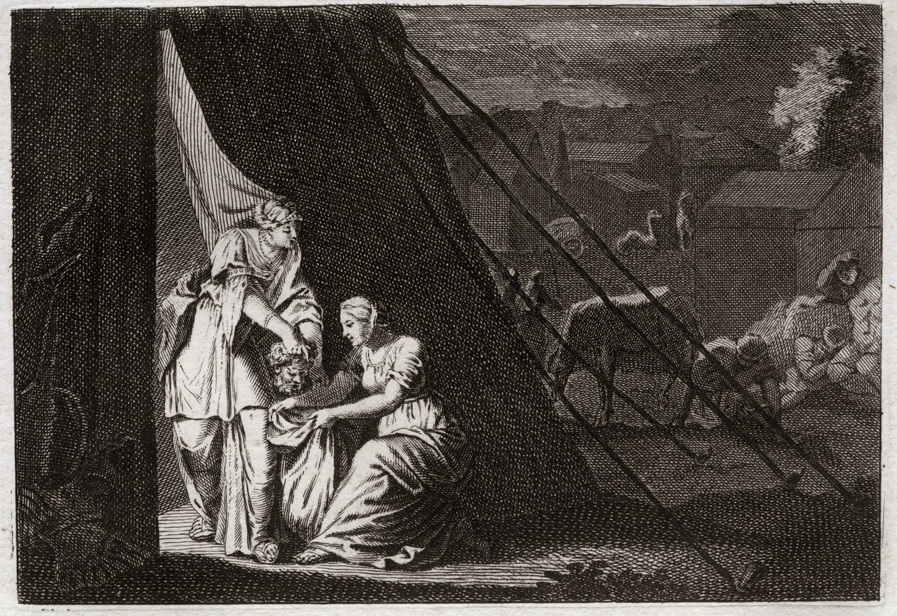 Royaumont Biblia, Ószövetség: Holoferne halála. Judith megvágja Holoferne fejét Abra szolgálólány és a részeg Bethulie segítségével. Illusztráció 1811-ből. alkotó: Unknown artist