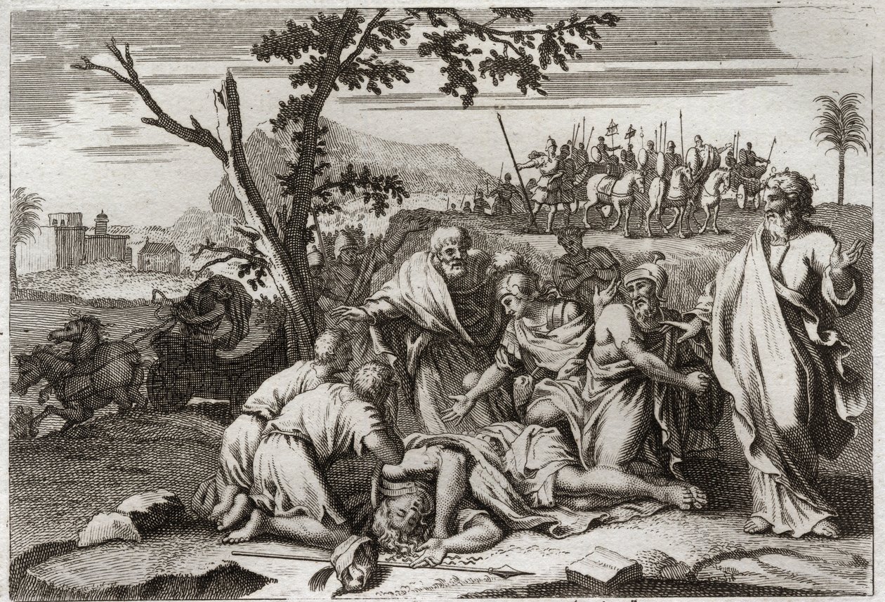 Royaumont Biblia, Ószövetség: A gonosz Antiochus halála. IV. Antiokhosz király, Epiphane (Kr. e. 175-164) szörnyű halála lóesés után. Illusztráció 1811-ből. alkotó: Unknown artist