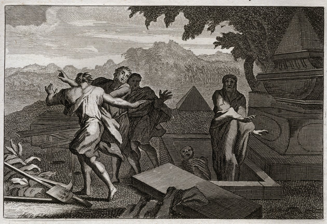 Royaumont Biblia, Ószövetség: A halál feltámad. Véletlenül egy halottat ejtettek Elizeus sírjához, és a csontjai megérintésével támadt fel. Illusztráció 1811-ből. alkotó: Unknown artist