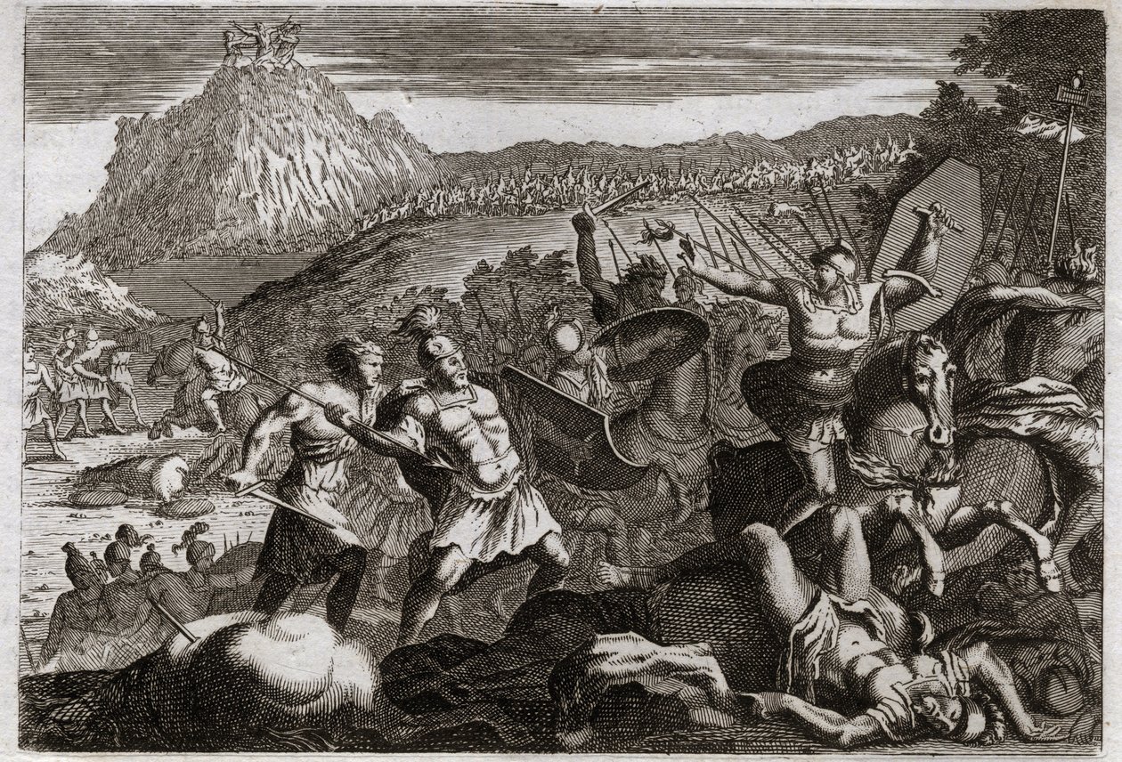 Royaumont Biblia, Ószövetség: Amalec (Amalek) veresége. Mózes győzelmet aratott az amálekiták felett, kezét magasra emelve a mennyben. Illusztráció 1811-ből. alkotó: Unknown artist